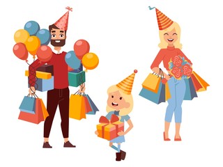Family shopping for birthday presents, vector illustration. Young mother and father buying gifts with their little daughter. Happy man woman and girl