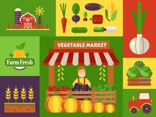 Vegetable market of local farm products, vector illustration. Colorful collage of stickers in flat design, harvest festival icons. Support eco farmers