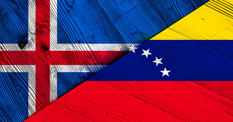 Flag of Iceland and Venezuela on wooden boards