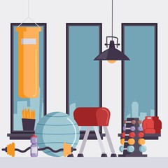 Gym equipment vector illustration. Empty sport studio with punching bag, gymnastics ball and set of dumbbells. Fitness center in big city for active and healthy lifestyle