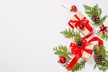 Christmas flat lay background with decorations on white.