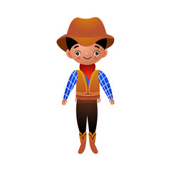 American cowboy in traditional ethnic clothes with a red bandana, hat, boots. Vector illustration in flat cartoon style
