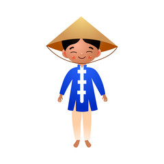 Asian boy in a traditional ethnic blue shirt with a conical hat. Vector illustration in flat cartoon style.