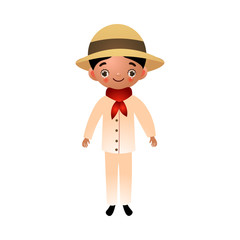 The young boy in a white costume with a red scarf and hat. Vector illustration in flat cartoon style