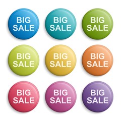 Colorful circle buttons or badges. Design elements. Big sale, discount. Vector illustration.