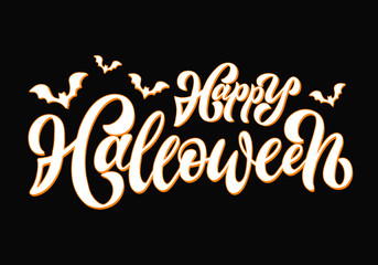 Happy Halloween hand sketched text.  Celebration quotation with bats isolated on black background.