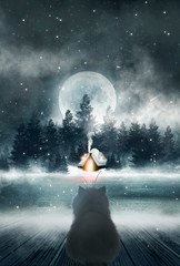 A snowy empty scene in the background. The wooden table is covered with snow, smoke and frost. The cat is looking at the moon.