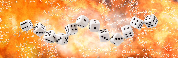 Dice connected in a chain on the background of mathematical formulas, enveloped in flames