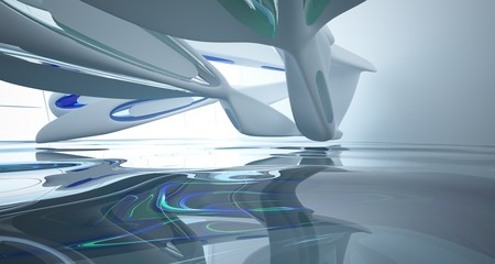 Abstract smooth architectural white interior with color gradient glass sculpture with water and  large windows. 3D illustration and rendering.