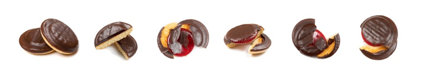 Round chocolate jaffa cake or biscuit cookie filled with natural jam