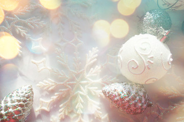 Christmas toys New Year. garland.bokeh background. lights. celebration. ball on the Christmas tree. glitter snowflakes   