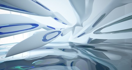 Abstract smooth architectural white interior with color gradient glass sculpture with water and  large windows. 3D illustration and rendering.