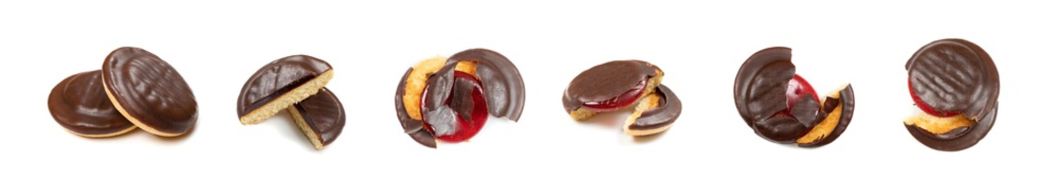 Round chocolate jaffa cake or biscuit cookie filled with natural jam