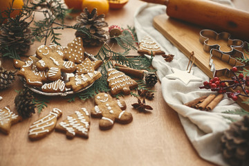 Christmas gingerbread cookies on vintage plate and anise, cinnamon, pine cones and cedar branches, rolling pin on rustic table with space for text. Baked traditional gingerbread cookies