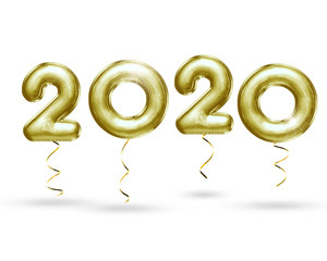 Modern gold 3D illustration. New Year hanging 2020 3d foil balloons with curled ribbons isolated on white background.