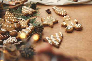 Christmas gingerbread cookies on vintage plate and anise, cinnamon, pine cones, cedar branches  with golden lights on rustic table. Baked traditional gingerbread man, tree, star cookies