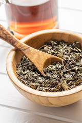 Dried green tea leaves.