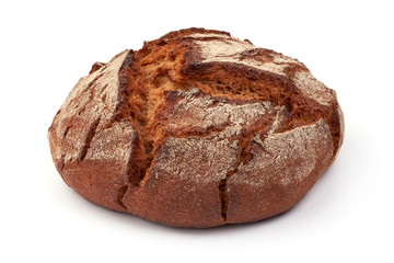 Round freshly baked rustic rye bread, isolated on white background