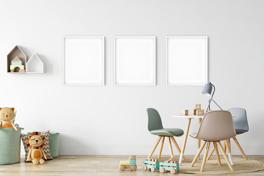 Frame & Poster mock up in living room. Scandinavian interior. 3d rendering, 3d illustration