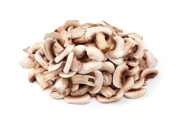 Fresh sliced champignon mushrooms, isolated on white background