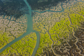 Odiel river, Aerial view, marshlands, Bahia de Cadiz Natural Park. Costa de la Luz, Cadiz province, Andalucia, Spain