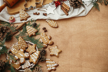 Christmas gingerbread cookies on vintage plate and anise, cinnamon, pine cones and cedar branches on rustic table with space for text. Baked traditional gingerbread cookies. Seasons greetings