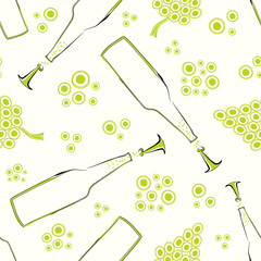 Retro green and black hand drawn bottles with bubbles and corkscrews. Seamless vector pattern on light cream background. Great for beach, summer products, restaurant, wine bars, packaging, stationery