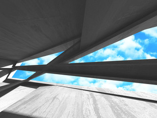 Concrete room wall construction on cloudy sky background