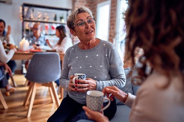 Family and friends dining at home celebrating christmas eve with traditional food and decoration, women talking together happy and casual