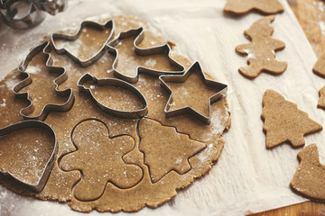 Making christmas gingerbread cookies. Raw dough in shape of christmas tree, star and metal cutters,anise, ginger, cinnamon, pine cones, fir branches on rustic table.