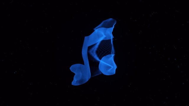 Abstract blue note transforming into flying and swirling particles isolated on black background. Animation. Colorful note icon becoming space dust, music concept.