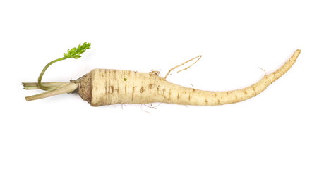 Fresh parsnip root and leaves isolated on white, top view