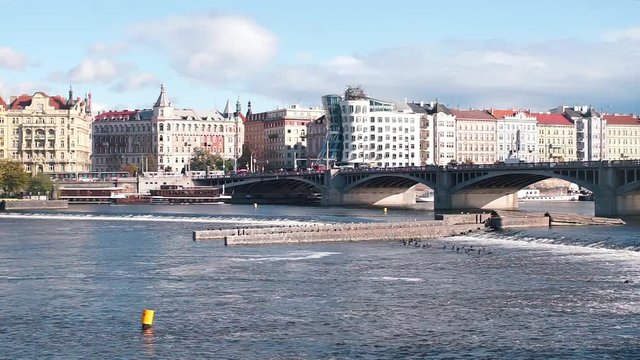 Timelapse. View of the dancing house in the old town of Prague.