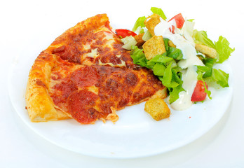 Slices of Pepperoni Pizza with Green Salad on White Plate against White BG with Copy Space