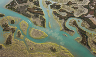 Odiel river, Aerial view, marshlands, Bahia de Cadiz Natural Park. Costa de la Luz, Cadiz province,...