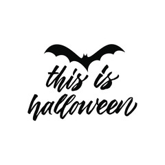 This is Halloween brush hand written poster with bat. Calligraphy vector for greeting card, banner, print, party invitation, t-shirt, social media.
