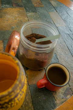 Making breakfast coffee: coffee in a jar