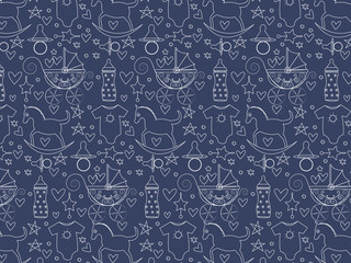 Naklejka premium Pattern with baby products, contour icons. Stroller, toys horse for newborns.Colorful vector illustration can use for promotion, advertisement, with text; for kids themes, market and label design.