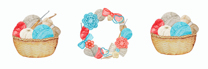 Blue red gray beige Crochet Shop Logotype set, Branding, Avatar composition of hooks, yarns, crocheted heart, bow, flowers. Illustration for handmade or Crocheting with Ball icons in wicker basket