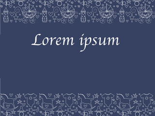 Pattern with baby products, contour icons. Stroller, toys horse for newborns.Colorful vector illustration can use for promotion, advertisement, with text; for kids themes, market and label design.