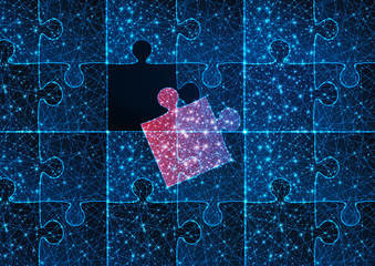 Futuristic glowing low polygonal blue jigsaw puzzle game with one red matching missing piece. - obrazy, fototapety, plakaty