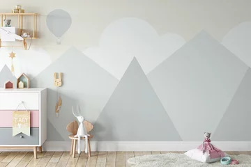 Keuken spatwand met foto Kids Wall mock up. Kids interior. Scandinavian interior. 3d rendering, 3d illustration © Yuri-U