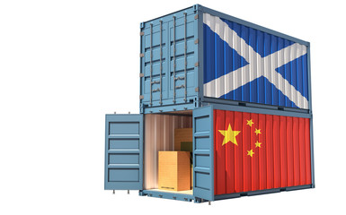 Two freight container with Scotland and China flag. Isolated on white - 3D Rendering