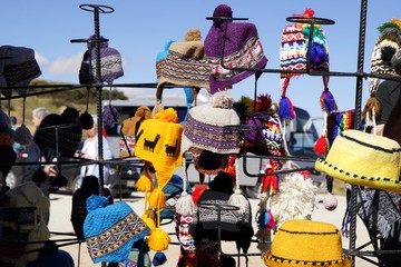 alpaca wool products with colorful traditional patterns, Andes, Peru