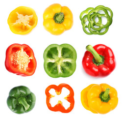 Rings of ripe bell peppers on white background