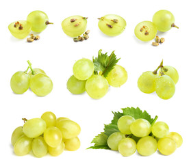 Set of fresh ripe grapes on white background