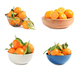 Set of fresh ripe tangerines on white background