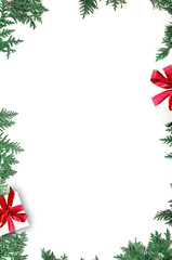 Fototapeta na wymiar Fir branch and gift on white background with copy space for text. Christmas