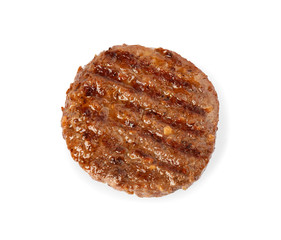 Grilled meat cutlet for burger isolated on white, top view