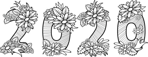 Fototapeta premium Doodle patterned number 2020 tangled mandalas and words Happy New Year. Vector illustration. Handwritten font 2020 for decorate calendar, banner, poster, invitation, new year card, adult coloring book